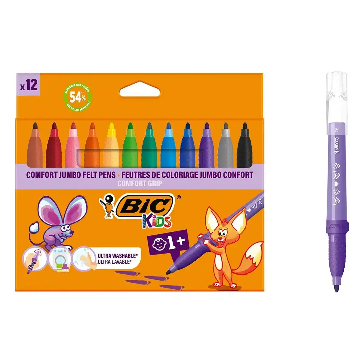 Feutre de coloriage BIC COMFORT GRIP - corps triangulaire avec grip - pointe extra large  - encre lavable - coloris assortis - lot de 96 