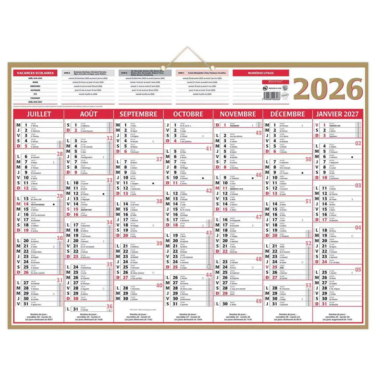 Calendrier banque  Or 14 mois -55 x 40,5 cm - Janvier &agrave; d&eacute;cembre - BOUCHUT GRANDREMY 