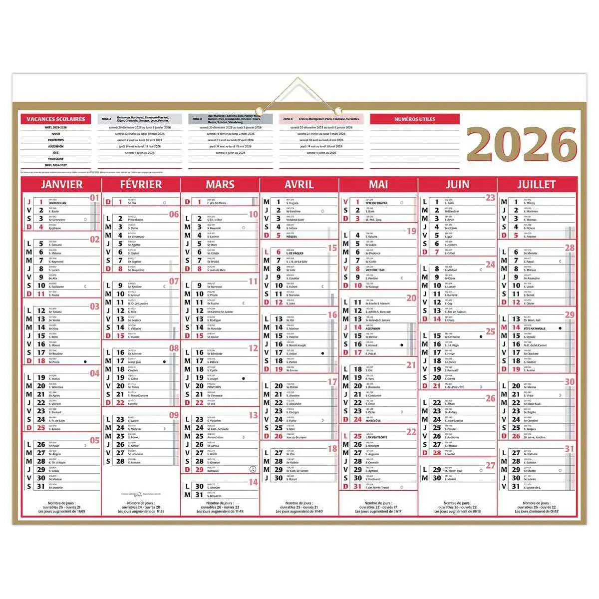 Calendrier banque  Or 14 mois -55 x 40,5 cm - Janvier &agrave; d&eacute;cembre - BOUCHUT GRANDREMY 
