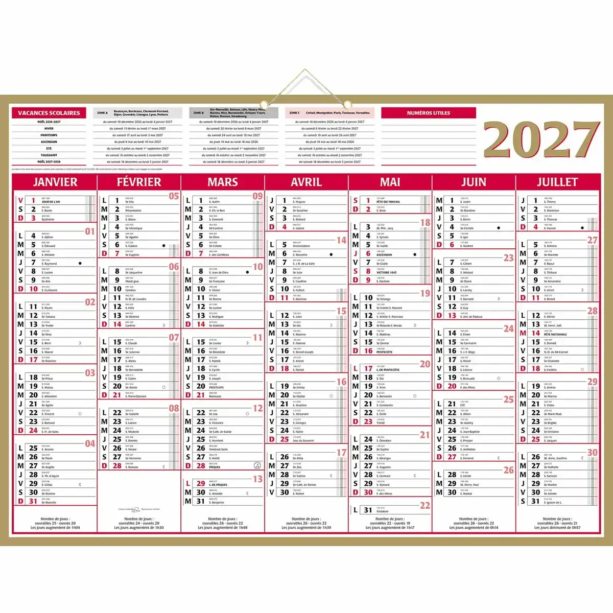 Calendrier banque  Or 14 mois -55 x 40,5 cm - Janvier &agrave; d&eacute;cembre - BOUCHUT GRANDREMY 