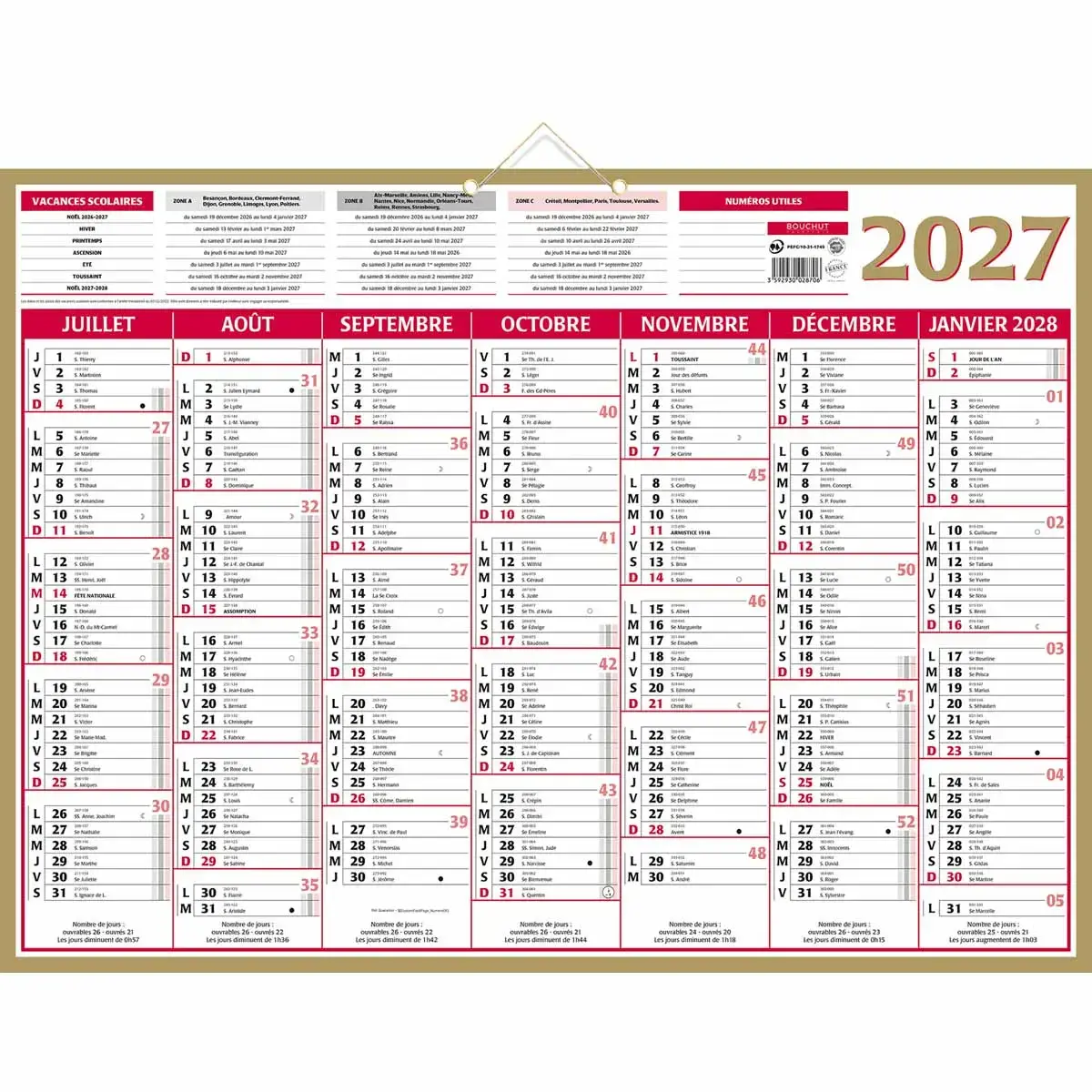 Calendrier banque  Or 14 mois -55 x 40,5 cm - Janvier &agrave; d&eacute;cembre - BOUCHUT GRANDREMY 