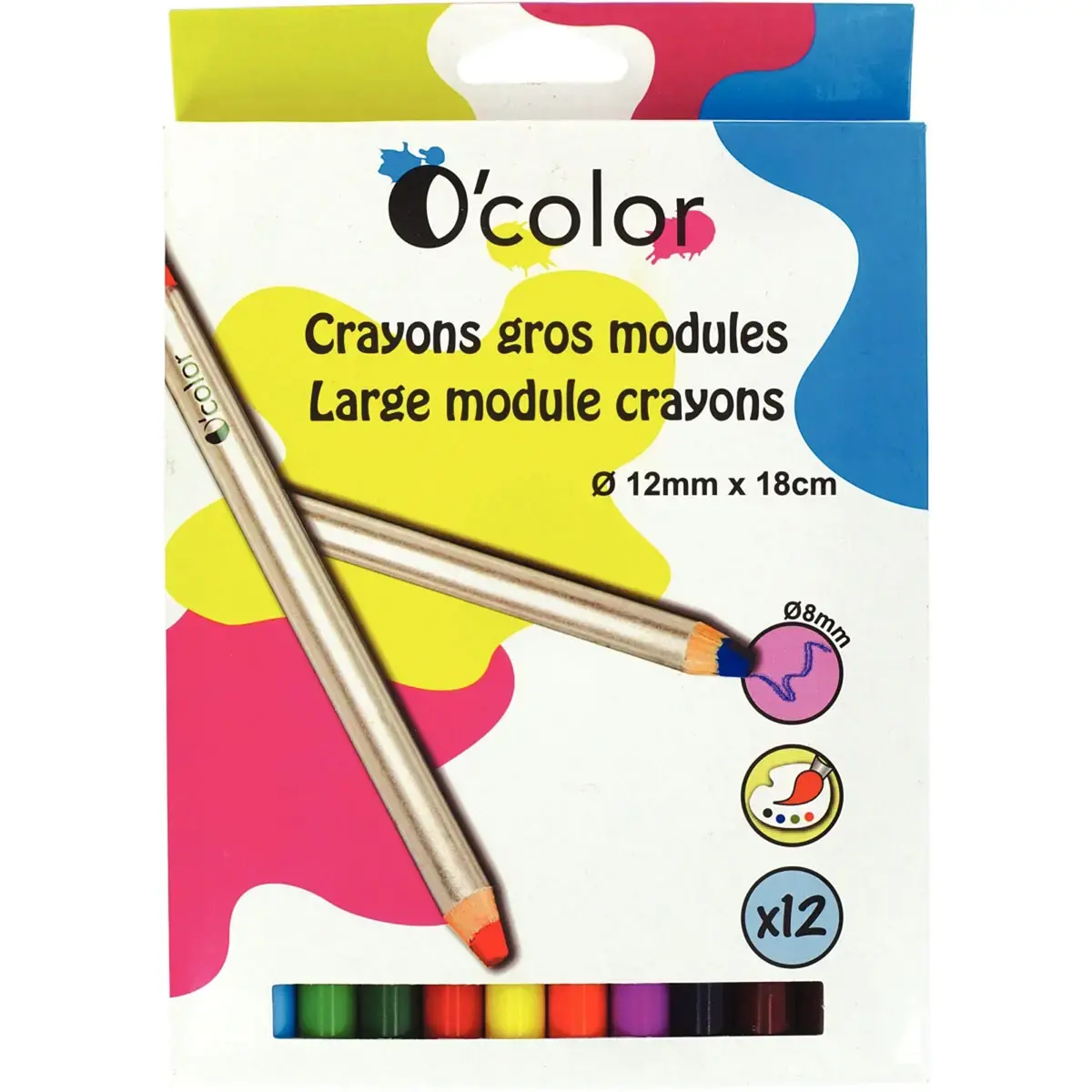 Crayon de couleur gros module O'COLOR- mine 8mm - coloris assortis - lot de 12 
