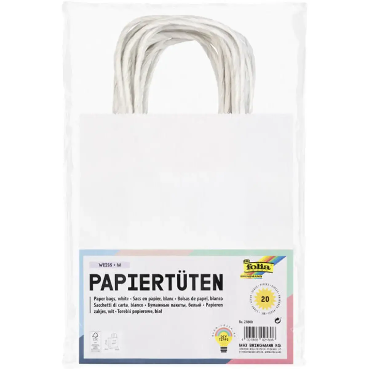 Sac en papier kraft 110 g Folia - 18 x21 x8 cm - blanc - lot de 20 