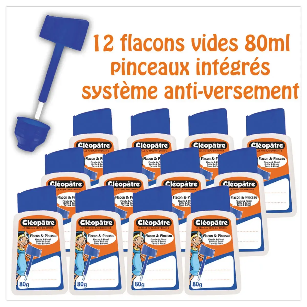 Flacon vide Cl&eacute;op&acirc;tre pour colle liquide 80 ml avec pinceau applicateur - lot de 12 