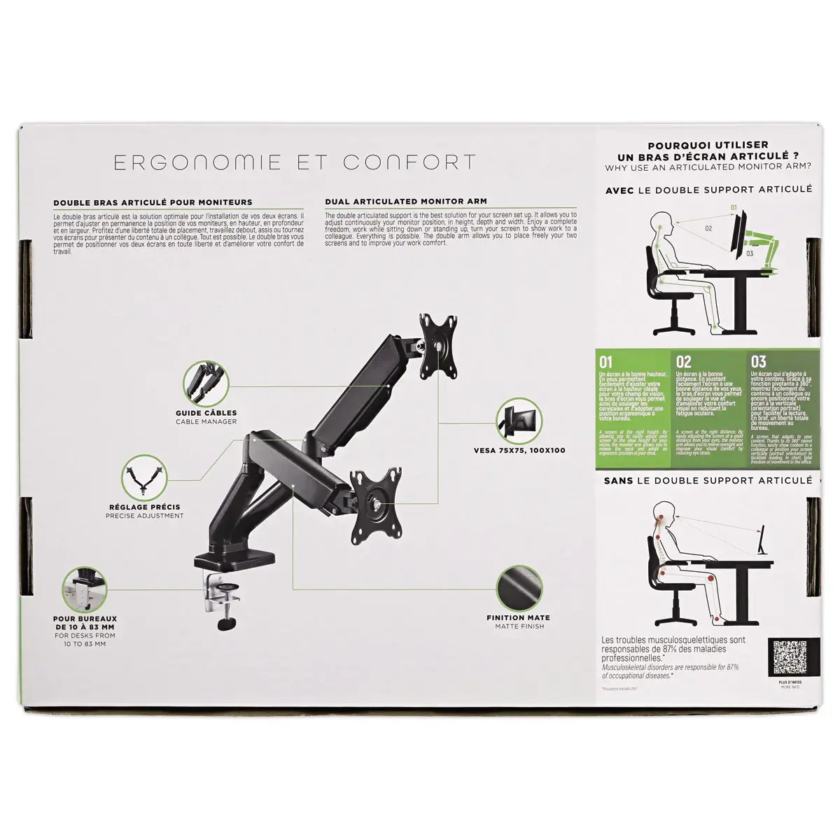 Bras porte-écran double articulé Ergo Line Noir