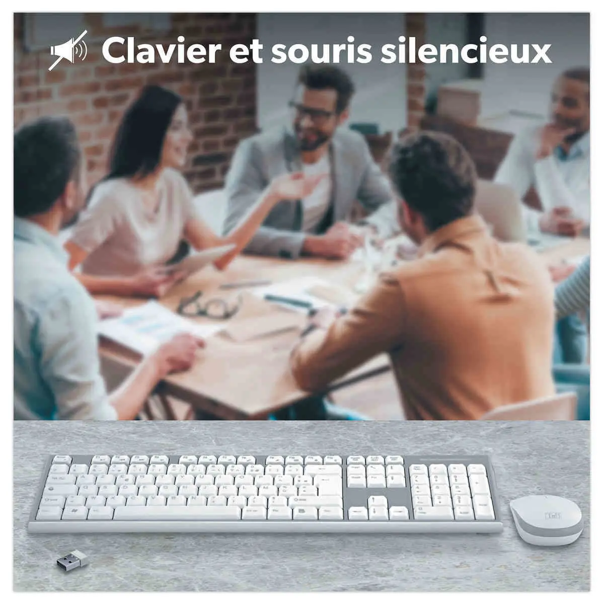 Kit clavier et souris sans fil Classy - 13 raccourcis multim&eacute;dias - R&eacute;cepteur USB unique - Blanc - T'nB 