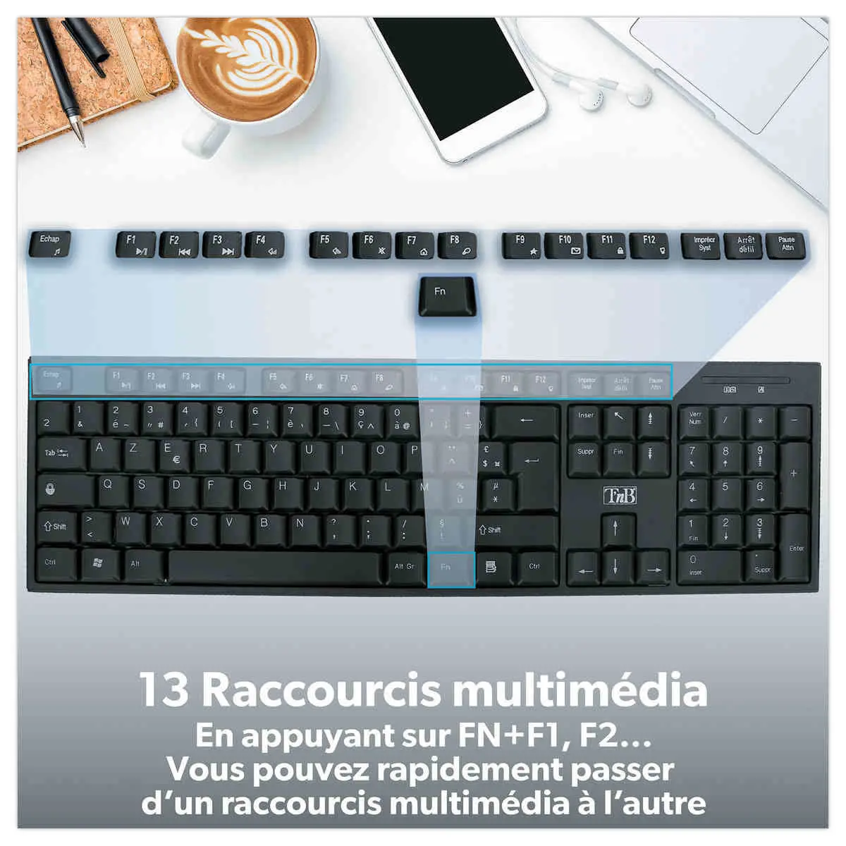 Kit clavier et souris sans fil Classy - 13 raccourcis multimédias - Récepteur USB unique - Noir - T'nB