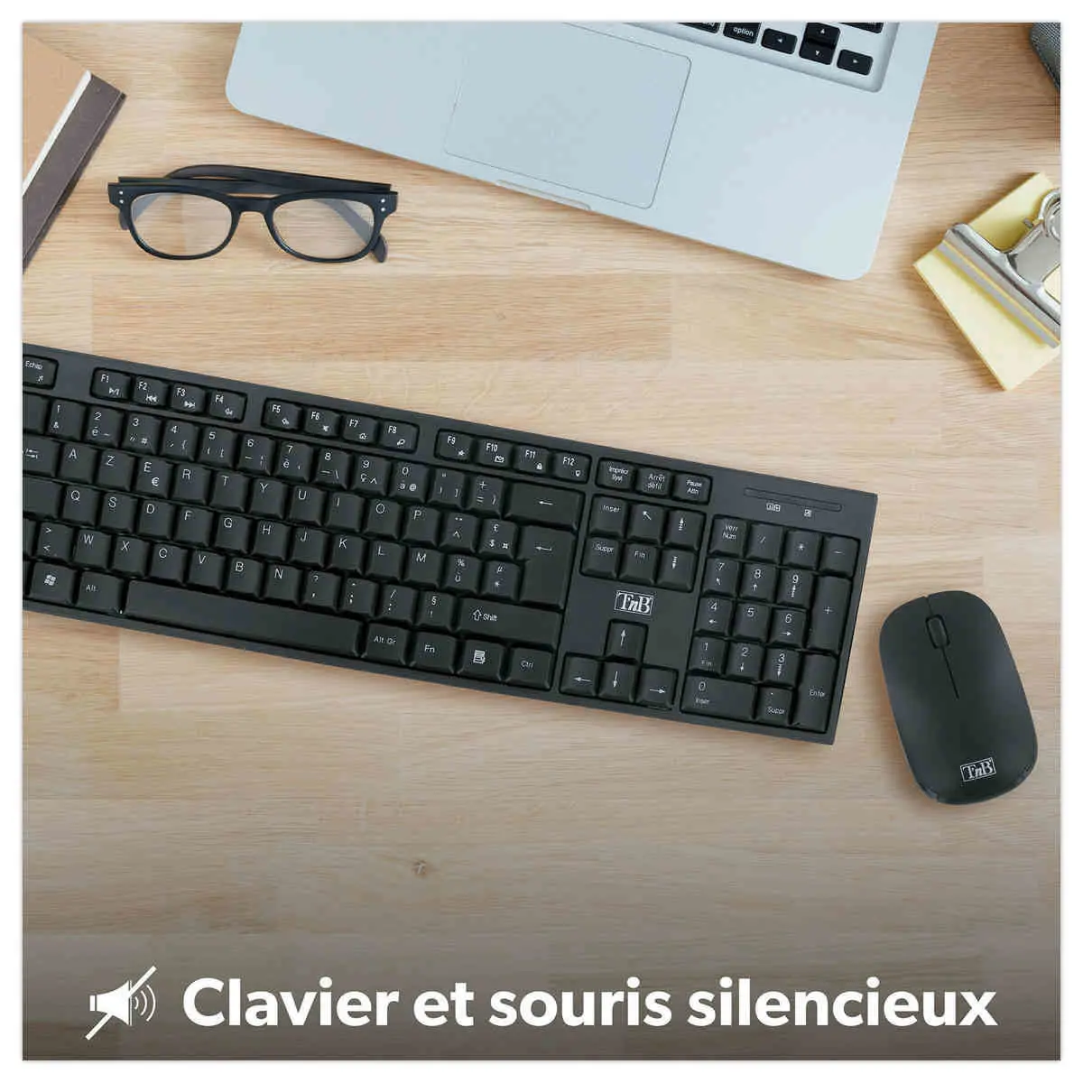 Kit clavier et souris sans fil Classy - 13 raccourcis multimédias - Récepteur USB unique - Noir - T'nB