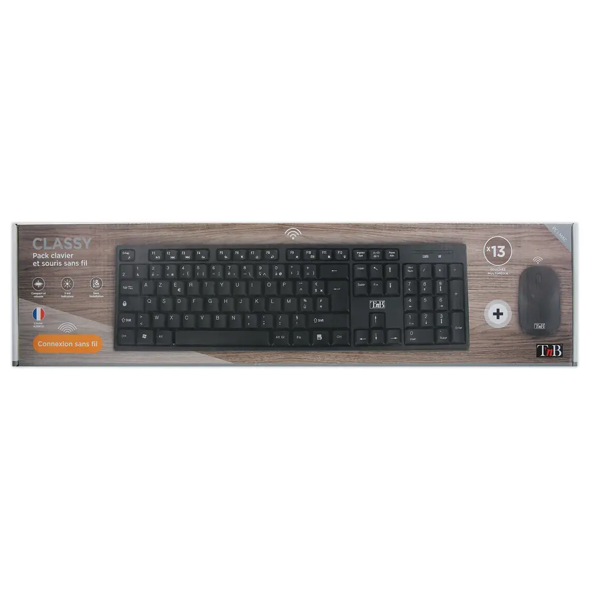 Kit clavier et souris sans fil Classy - 13 raccourcis multimédias - Récepteur USB unique - Noir - T'nB
