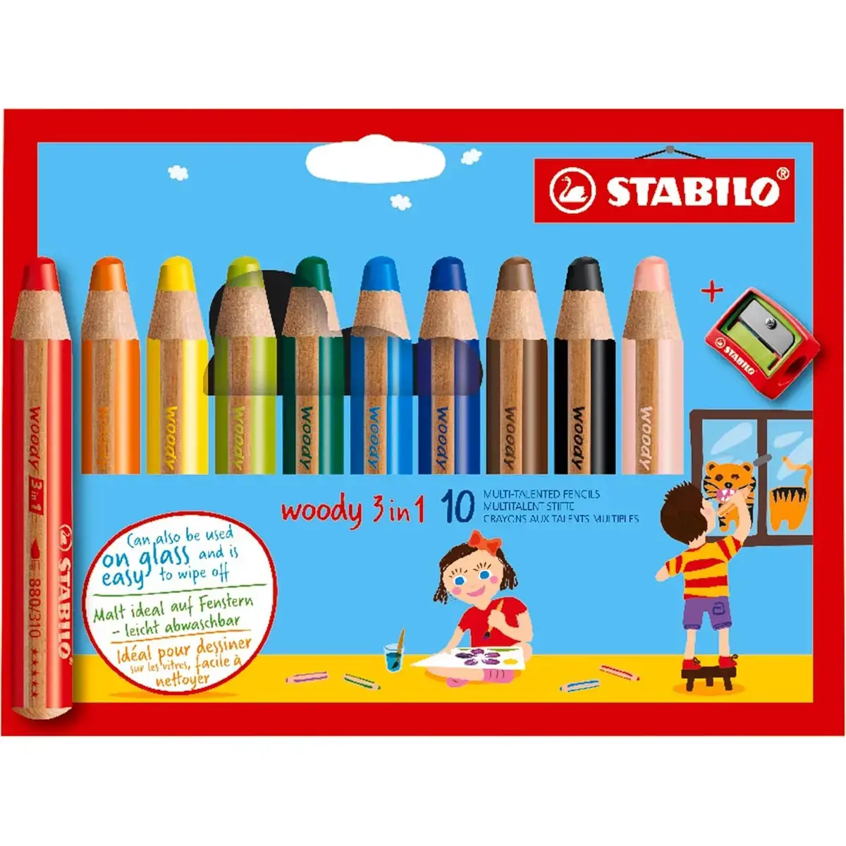Crayon en bois gros module WOODY - mine 10mm - multi surfaces - 1 taille-crayon inclus - coloris assortis - lot de 10