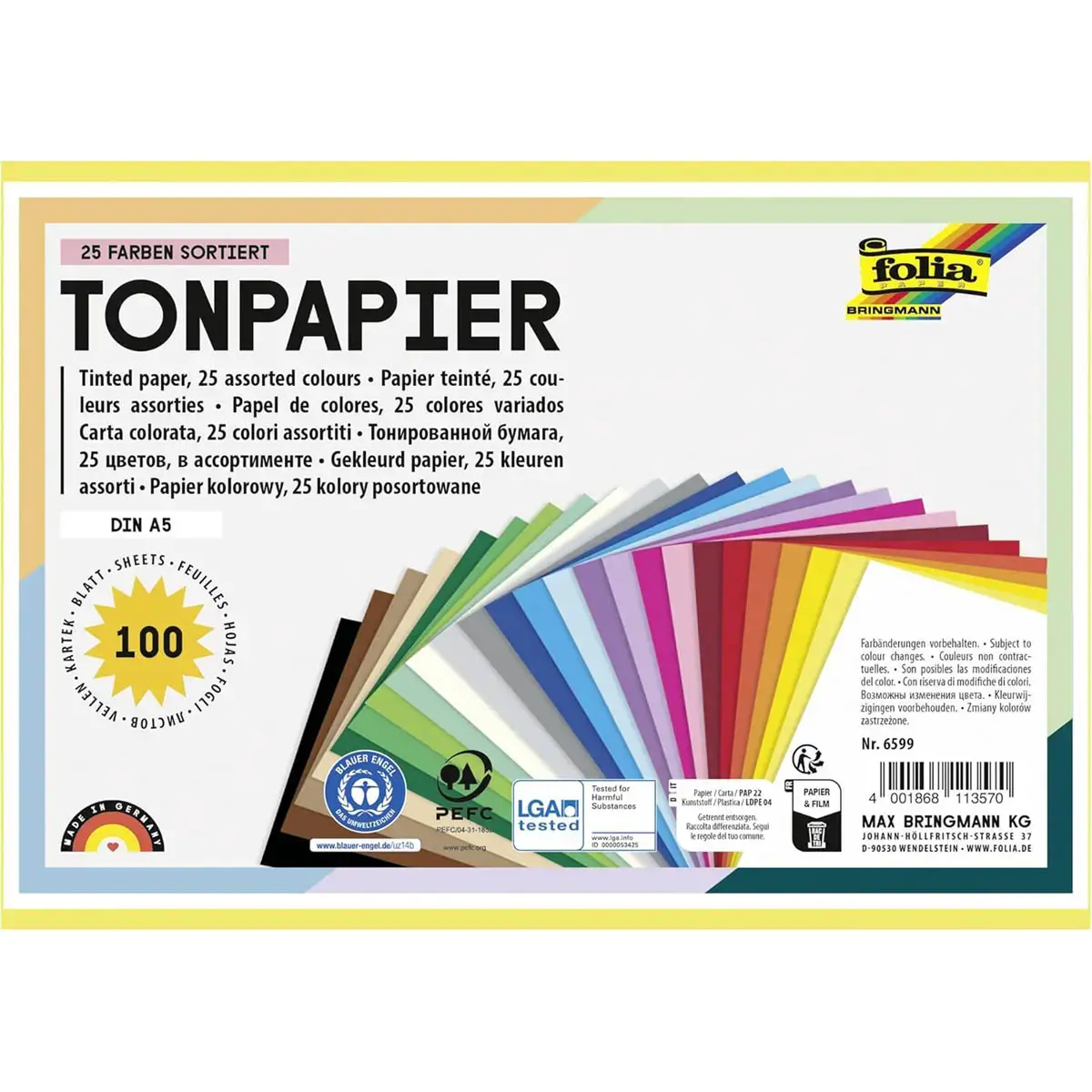 Papier dessin A5 130 g Folia - coloris asortis - lot de 100 feuilles 