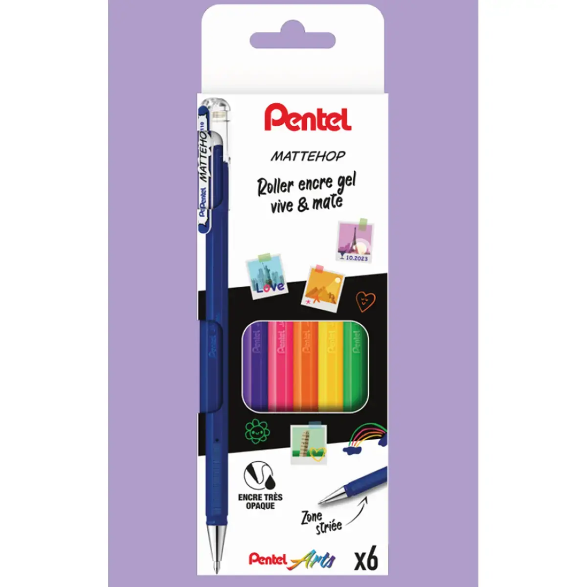 Stylo encre gel Pentel Mattehop - pointe large 1 mm - couleurs vives assorties - lot de 6