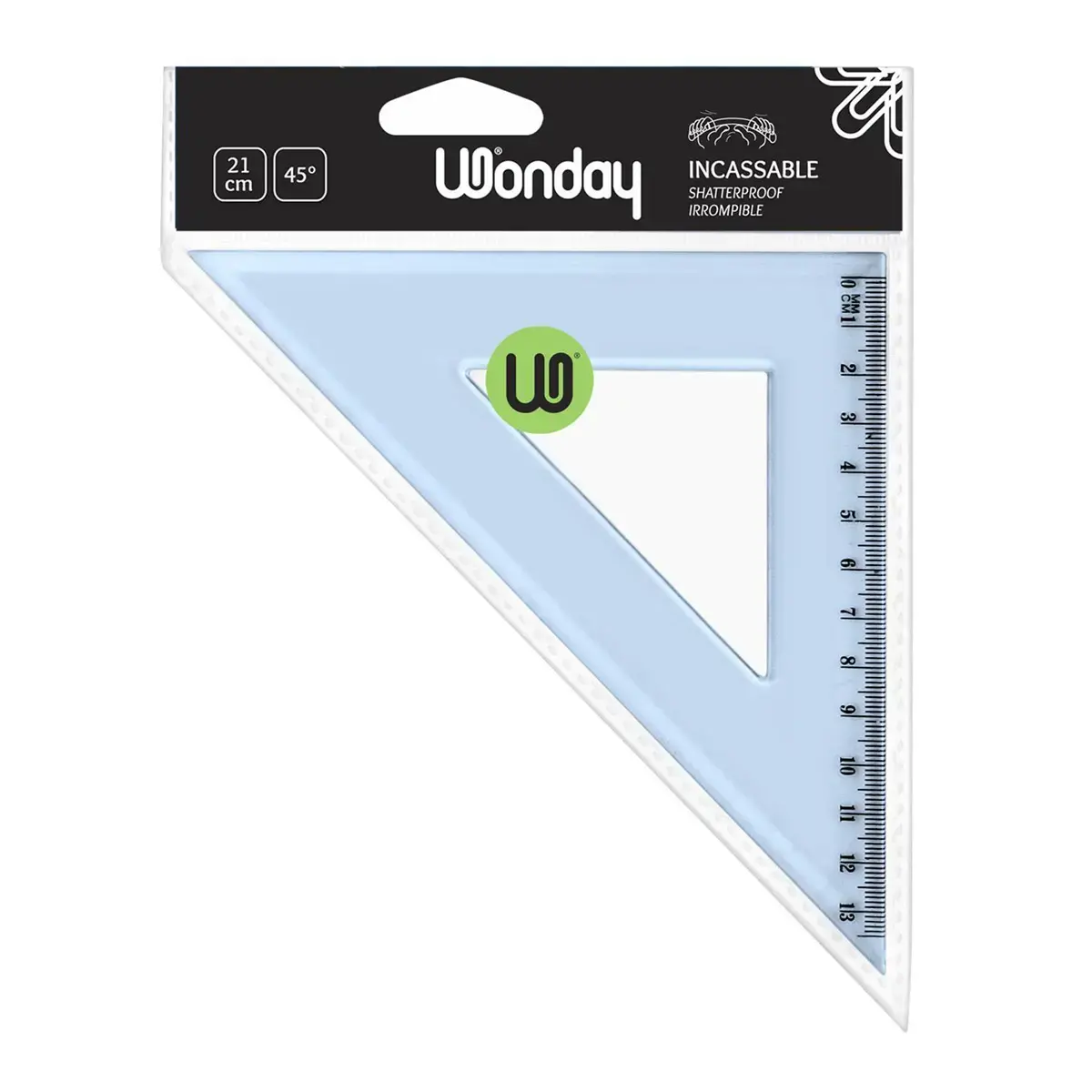Equerre graduée WONDAY - 45° - 21cm - plastique incassable - bleu