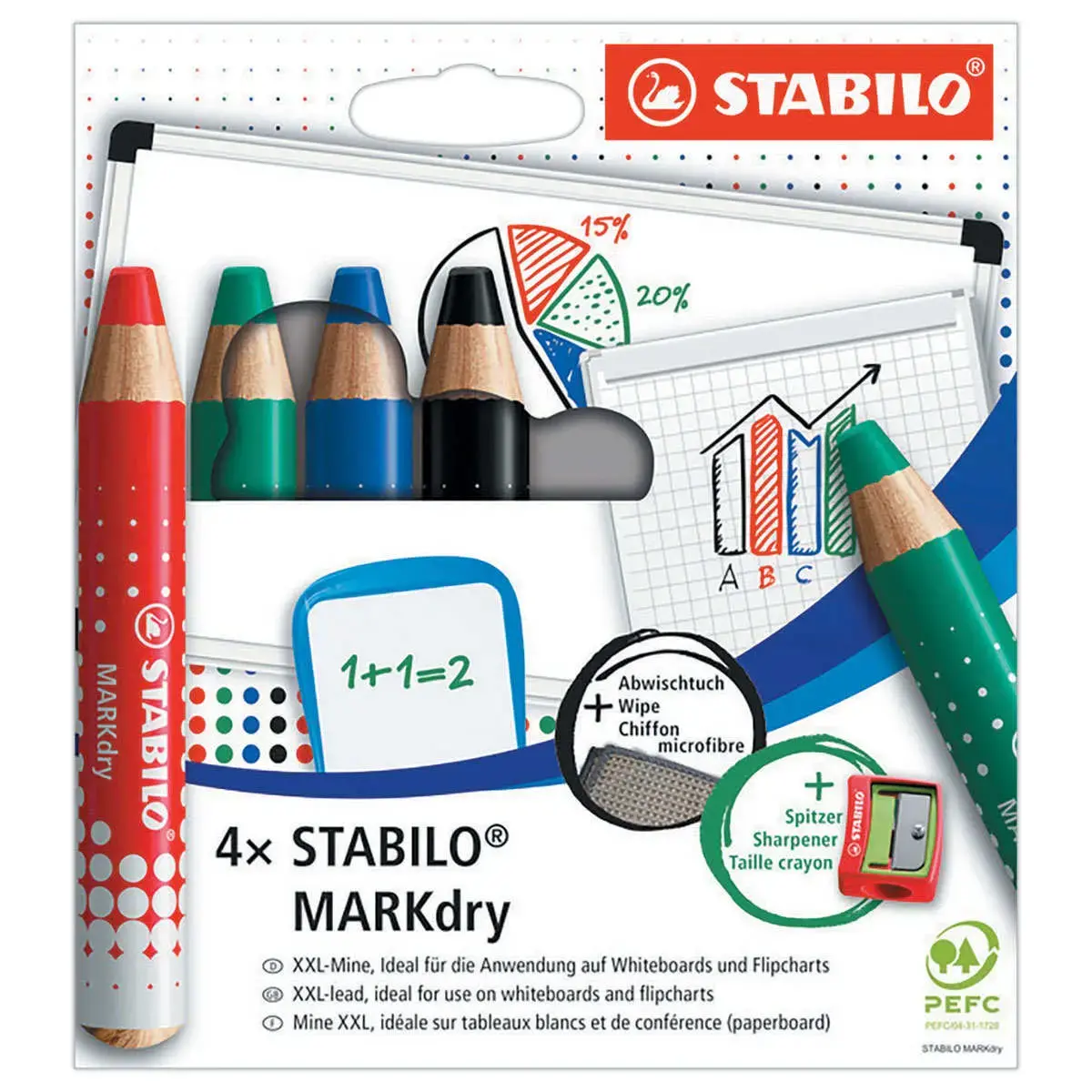 4 Crayons effa&ccedil;ables &agrave; sec MARKdry + chiffonnette + taille-crayon - STABILO 