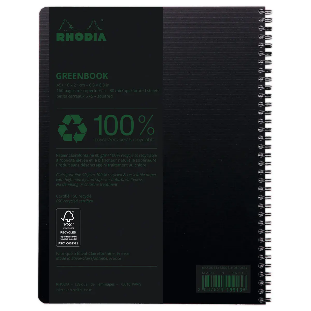 Cahier polypropylène recyclé - 160 pages- A4+ 5x5 - Noir - RHODIA