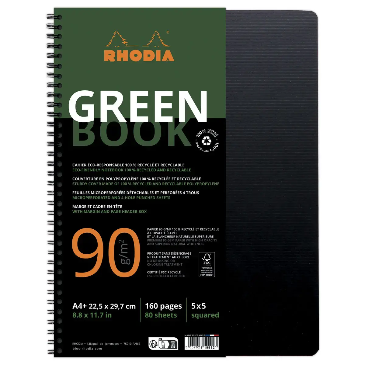 Cahier polypropylène recyclé - 160 pages- A4+ 5x5 - Noir - RHODIA