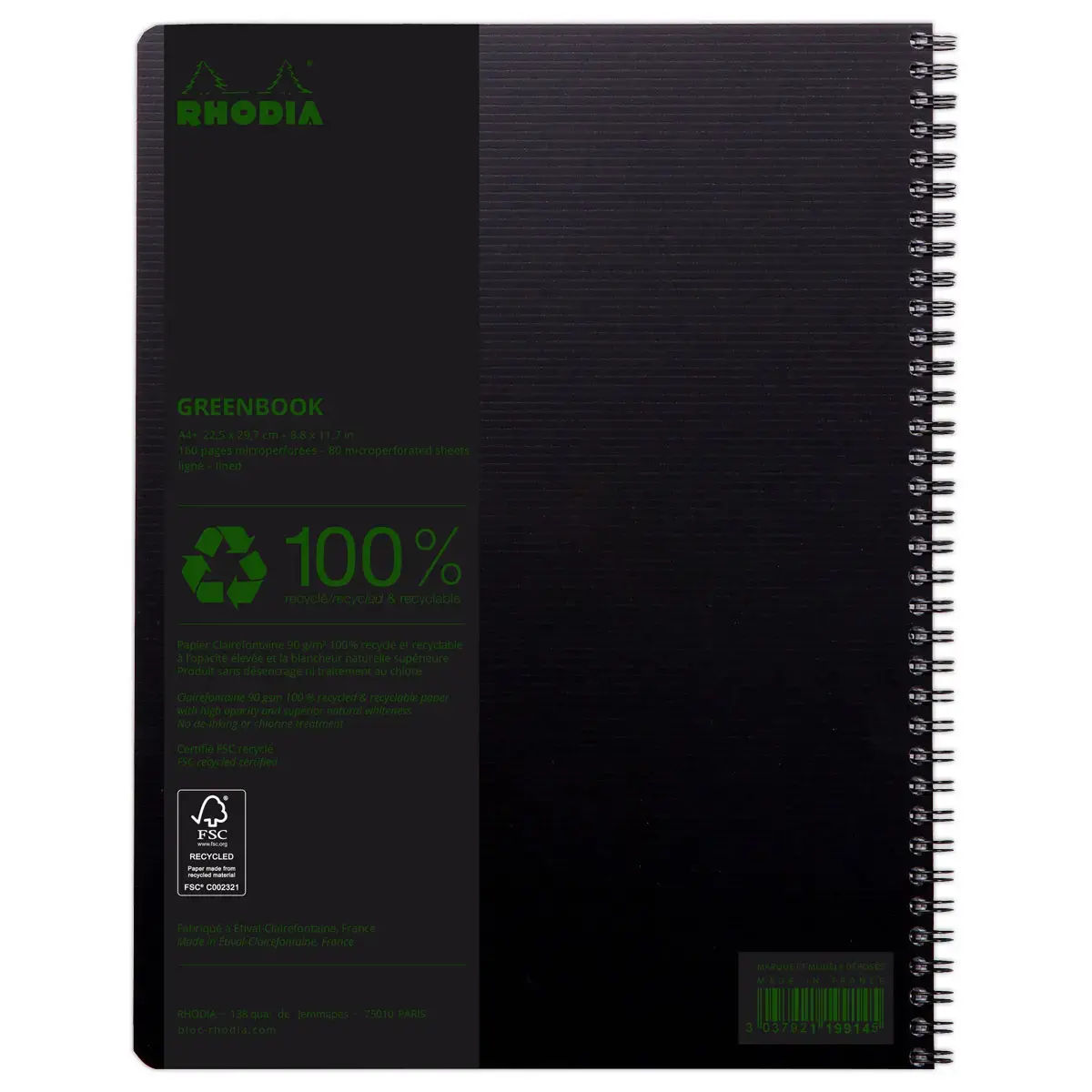 Cahier Rhodia polypropylène recyclé 160 pages A4+ Ligné. Noir