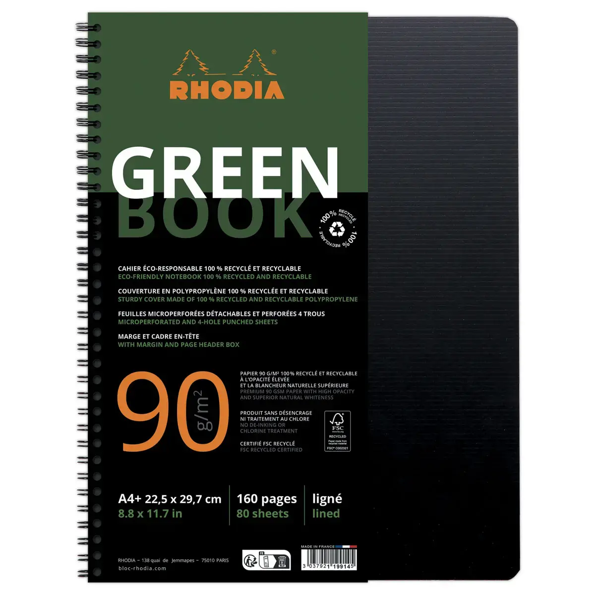 Cahier Rhodia polypropylène recyclé 160 pages A4+ Ligné. Noir