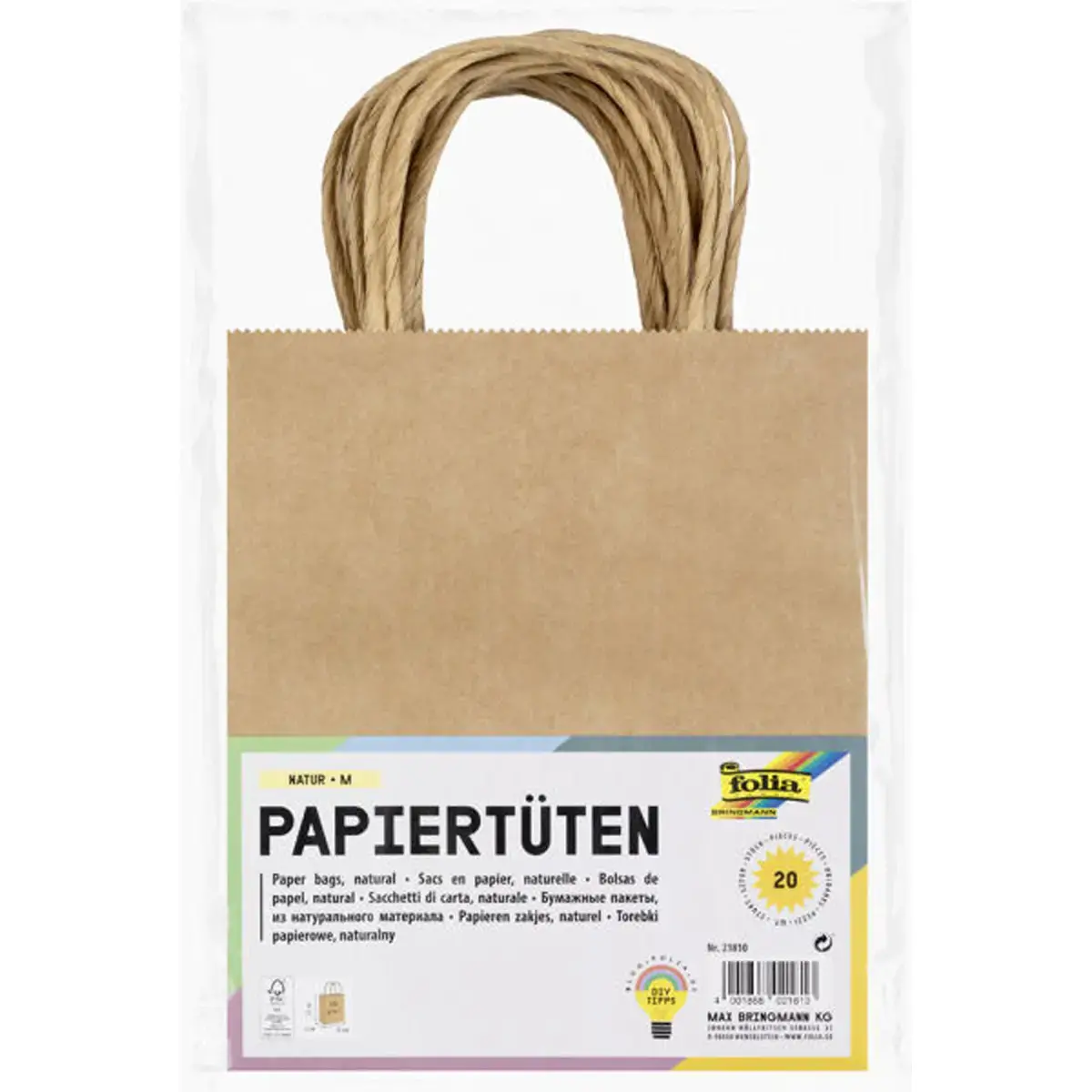 Sac en papier kraft 125 g Folia - 18 x21 x8 cm - kraft - lot de 20