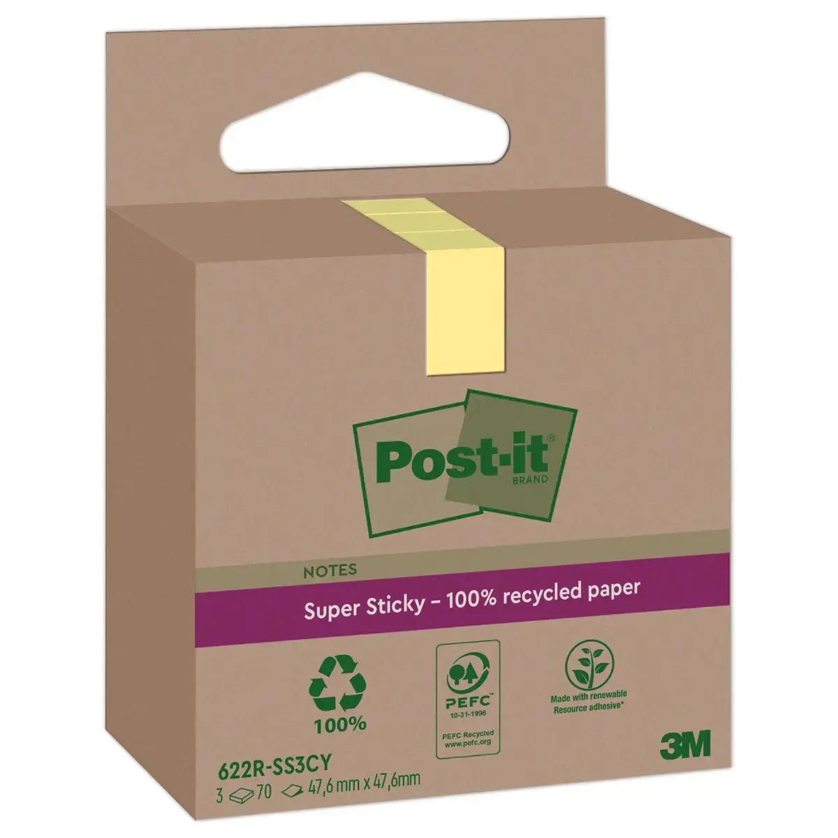 3 Blocs Post-It 4,76 X 4,76 cm, 70 feuilles- jaune 