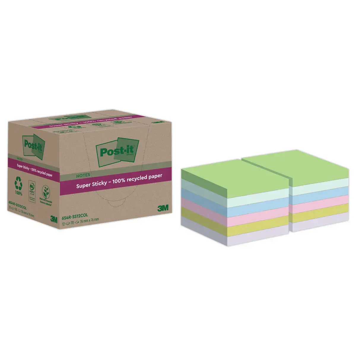 12 Blocs Post-It 7,6 X 7,6 cm, 70 feuilles- assortis 