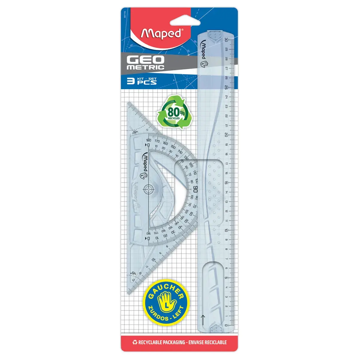Kit de tra&ccedil;age 3 pi&egrave;ces GEOMETRIC, sp&eacute;cial gauchers, plastique recycl&eacute; 