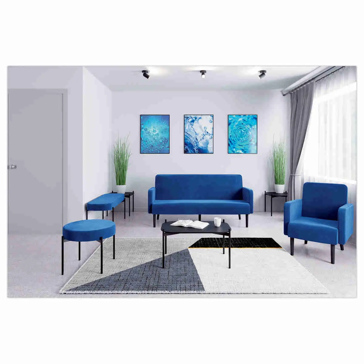 Pouf Rond GAIA D37 pieds noirs veloursbleu monté