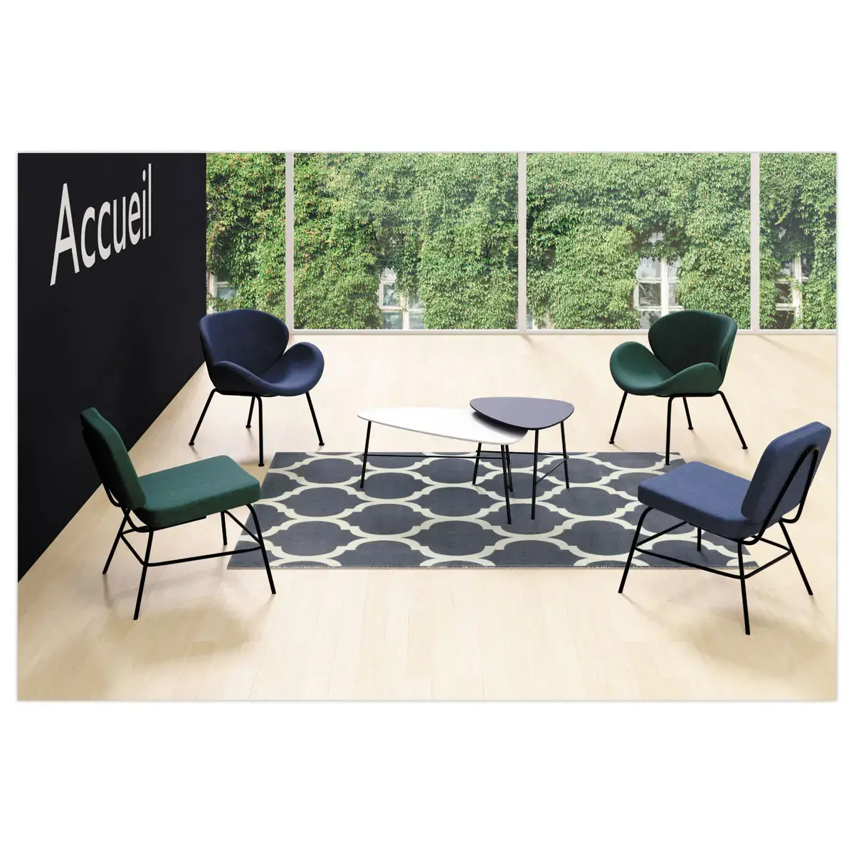 Fauteuil SMILE 4 pieds noir tissu bleu 
