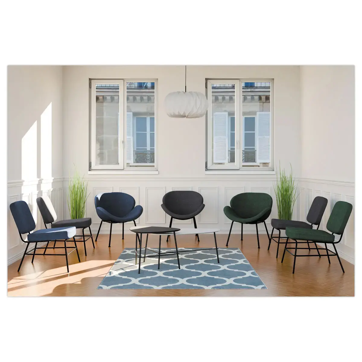 Fauteuil SMILE 4 pieds noir tissu bleu 