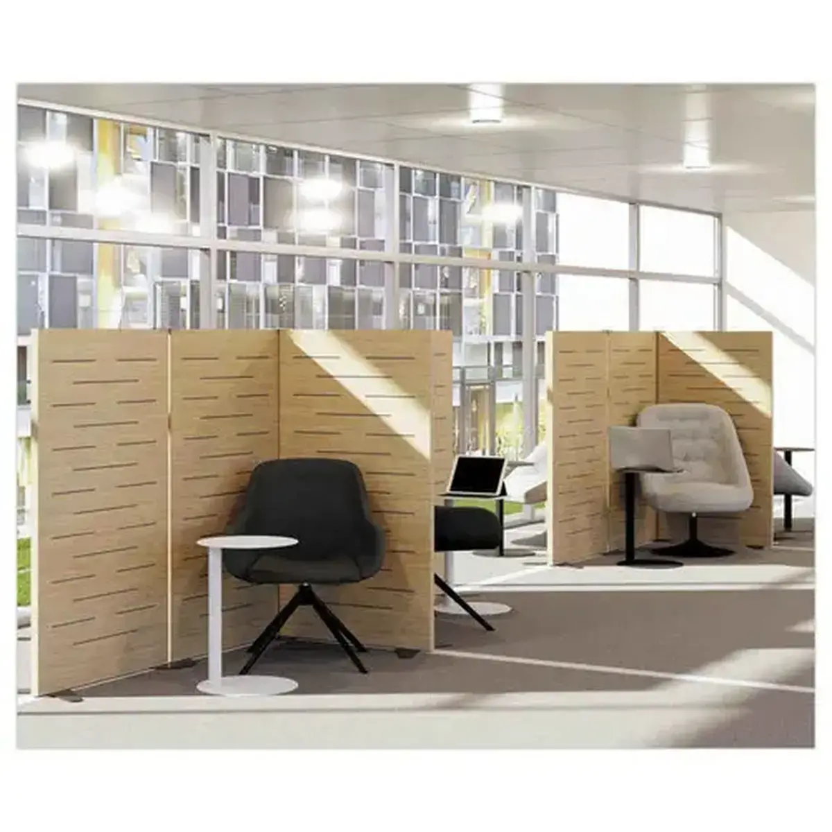 Fauteuil SCOOP pivotant 1 pied noir tissu gris monté.