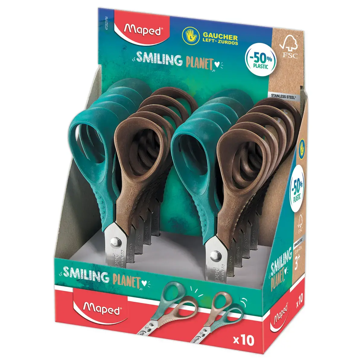 Ciseaux VIVO GAUCHER 12 cm SMILING PLANET, en bois FSC®, en présentoir