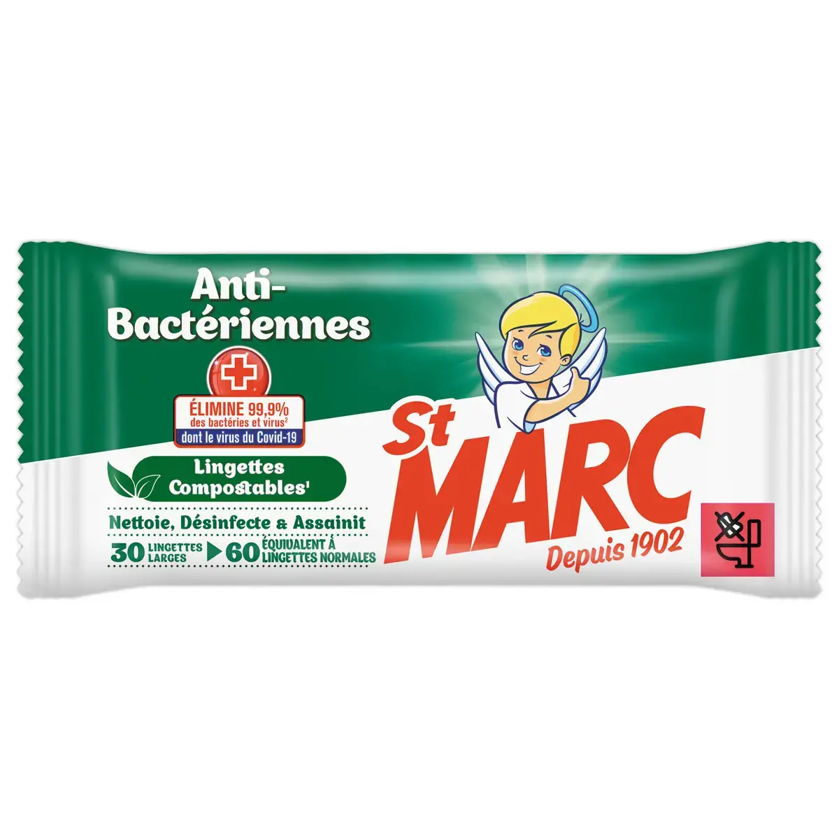 30 Lingettes antibact&eacute;riennes compostables - Sans parfum - St-Marc 