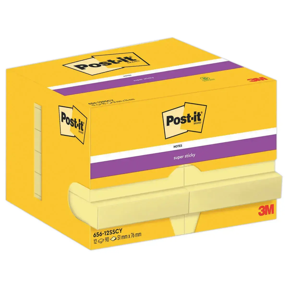 12 Notes Super Sticky 5,1 x 7,6 cm 90F Jaune Pastel