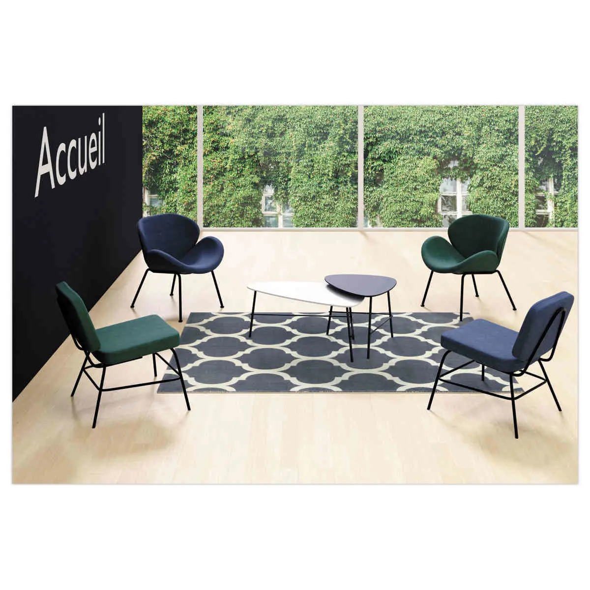 Fauteuil SMILE 4 pieds noir tissu vertmonté