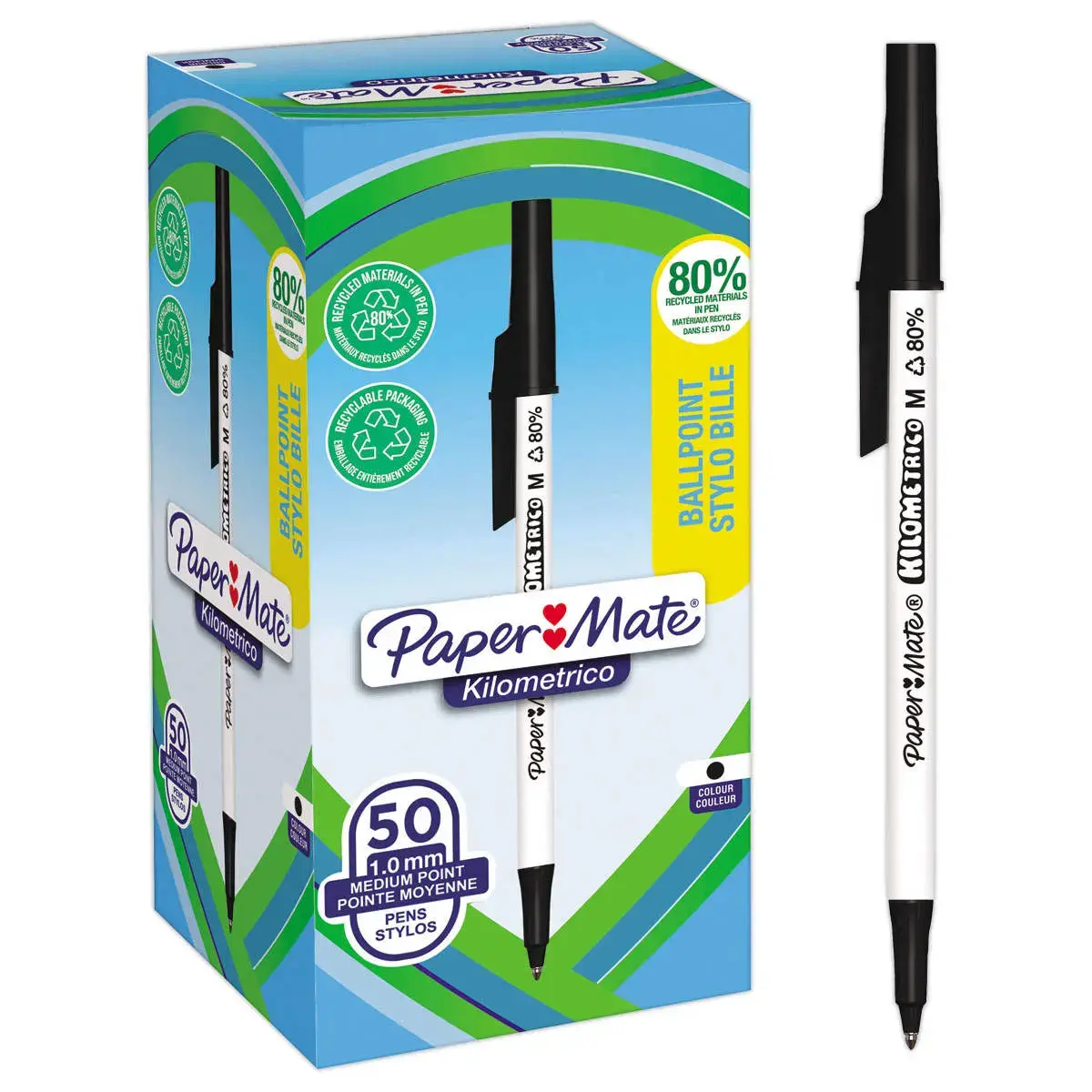 50 Stylos bille Kilometrico recyclé - Bleu - PAPERMATE
