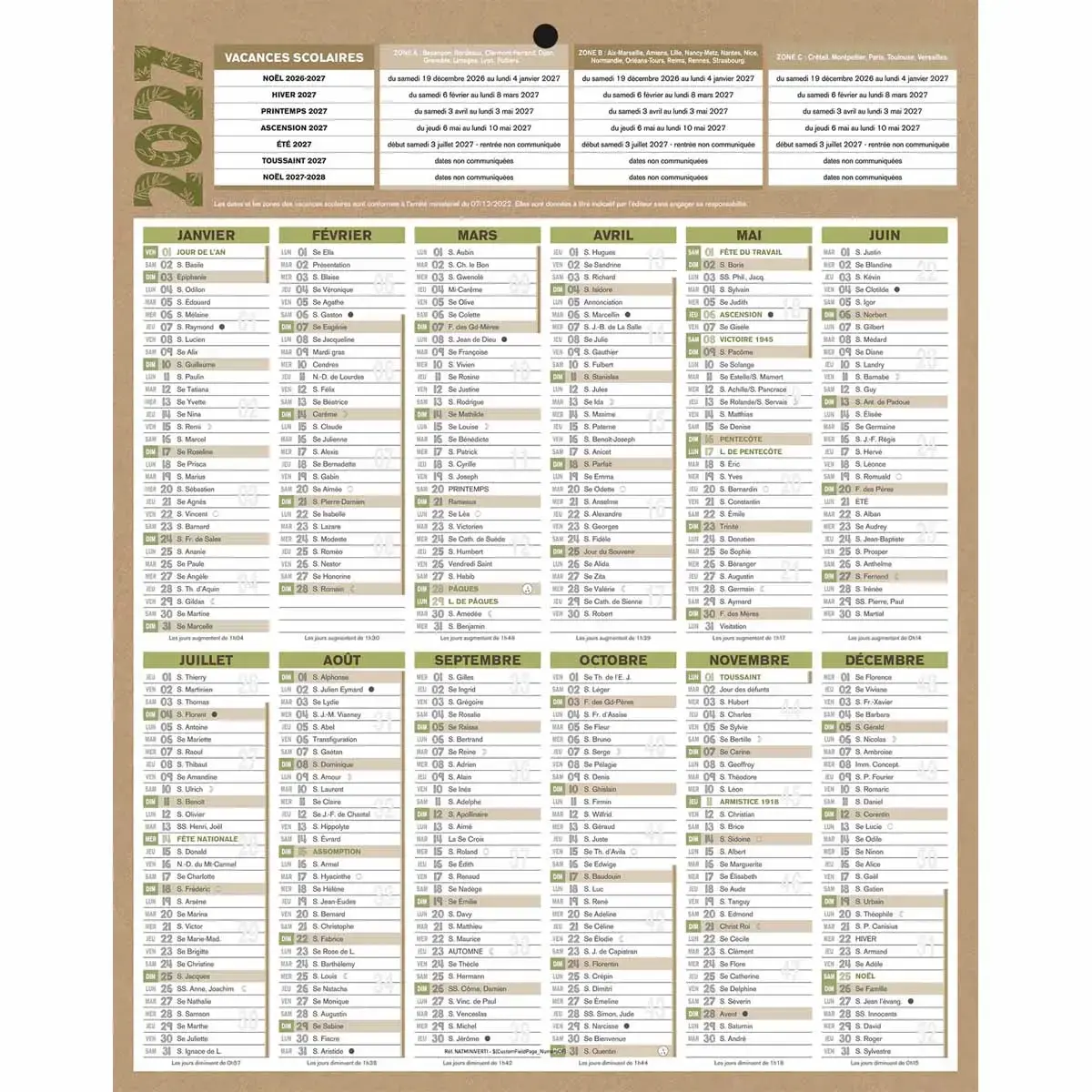 Calendrier banque Bouchut Natura 12 mois - 26,5x21 cm