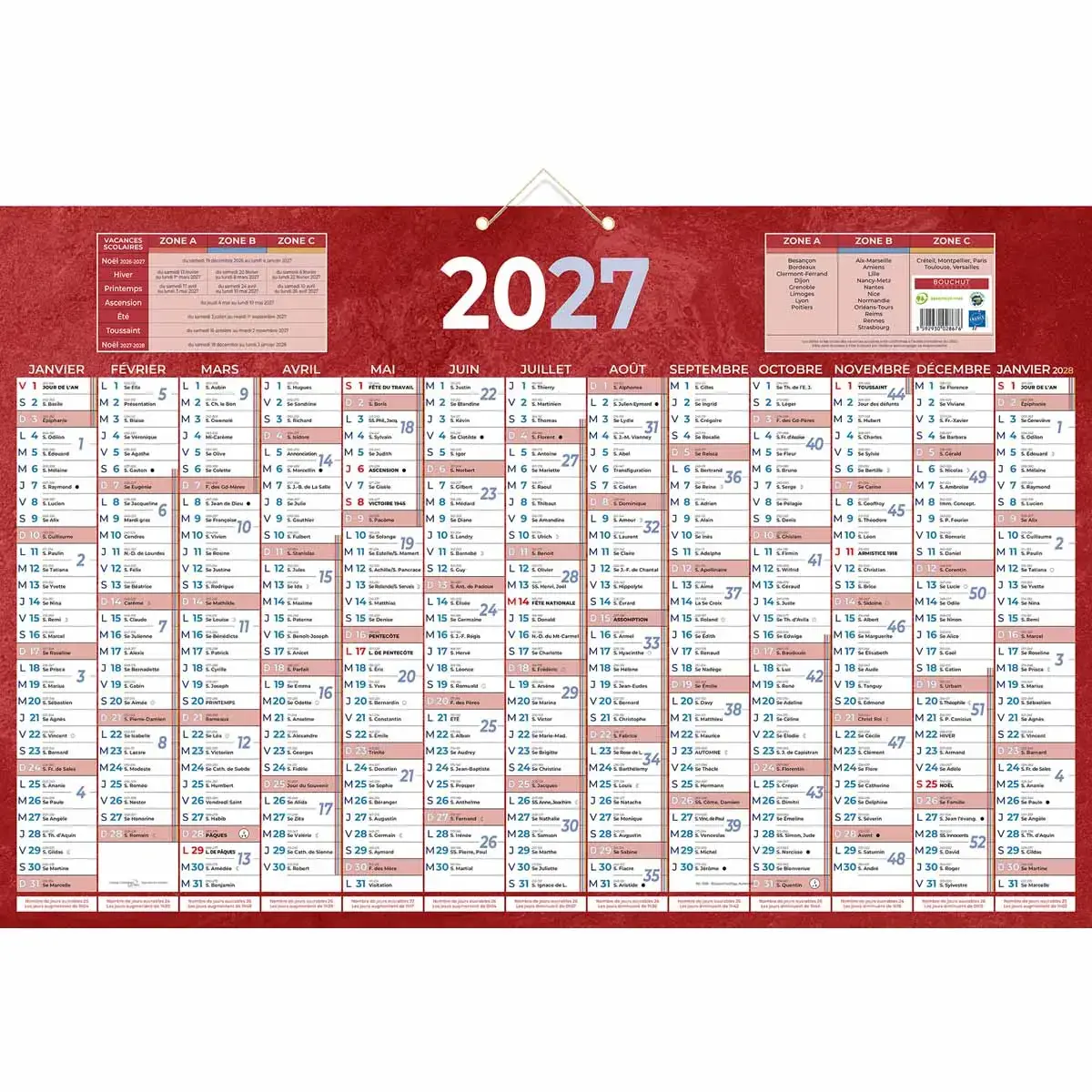 25 Calendrier banque Bouchut Rouge 13 mois- 65x43 cm - par 25 