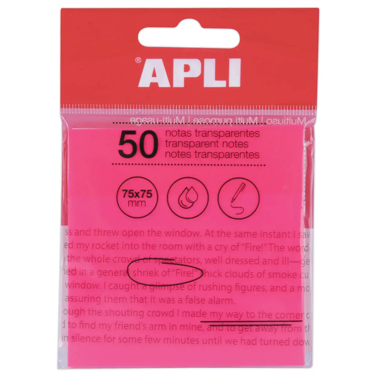 Paquet 50 feuilles de notes adh&eacute;sives transparentes 75x75 mm roses 