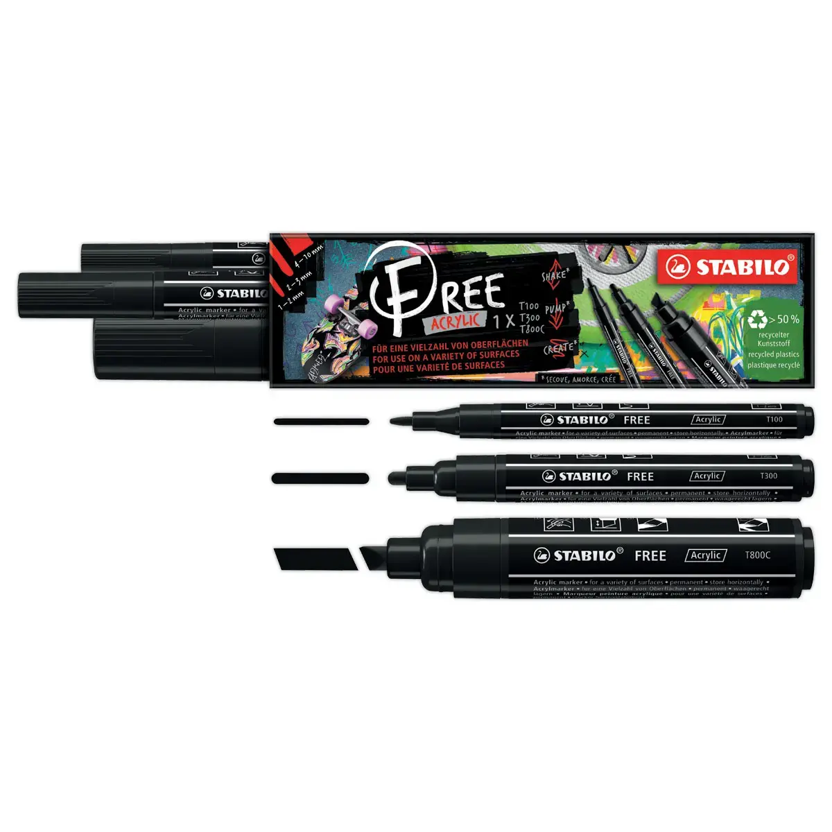 3 Marqueurs acryliques FREE Acrylic - Noir - STABILO