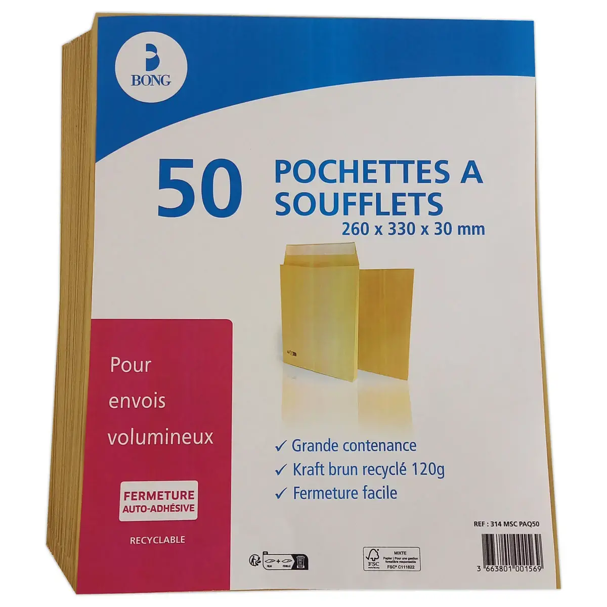 50 pochettes kraft à soufflet 120gr 260x330mm
