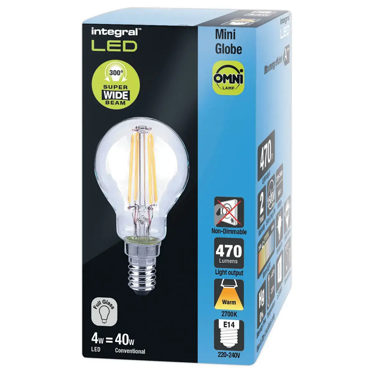 Ampoule LED Mini globe Filament E14 4.2W 470LM 2700K claire