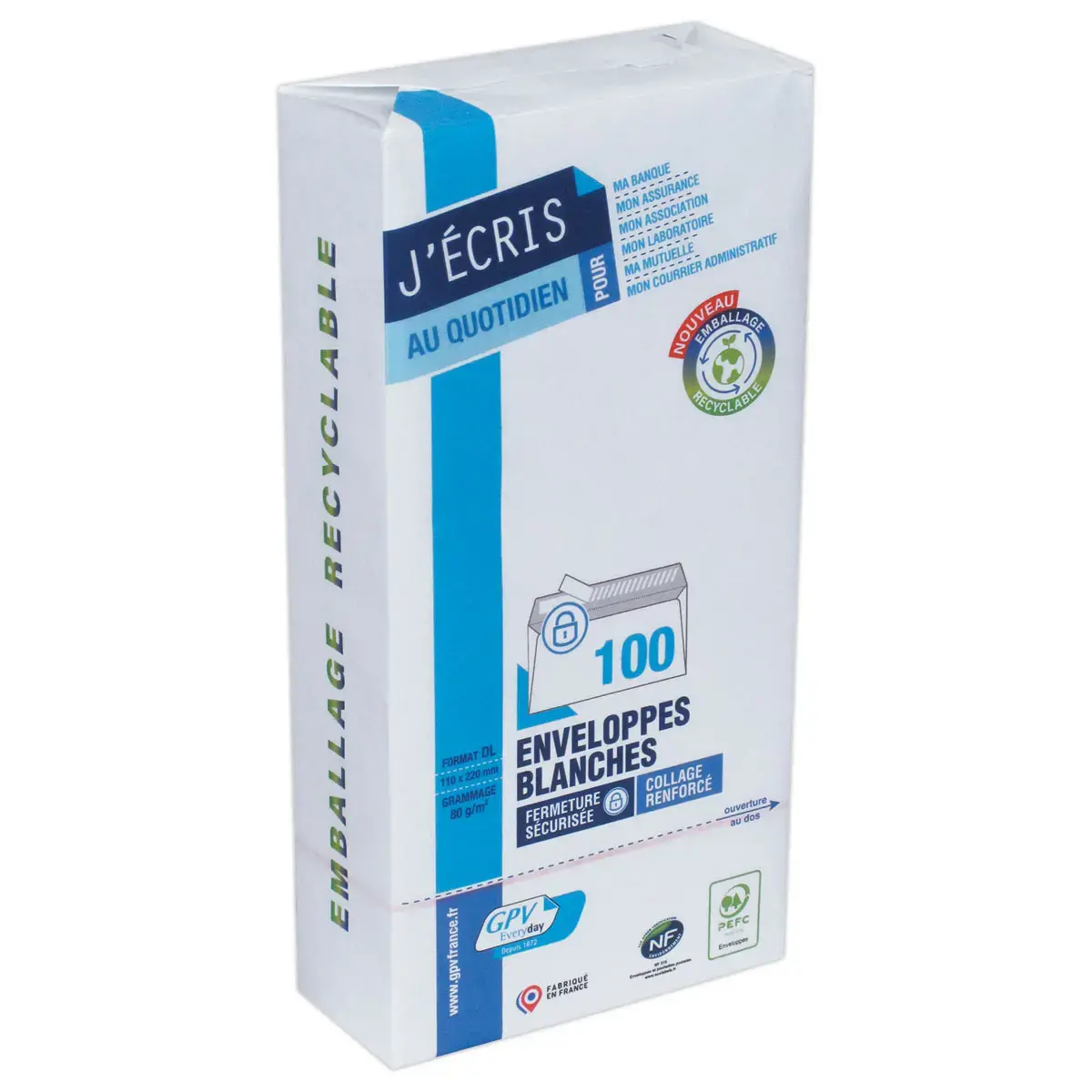 100 enveloppes blanches DL 110x220 - 80g - bande siliconée - GPV EVERY DAY
