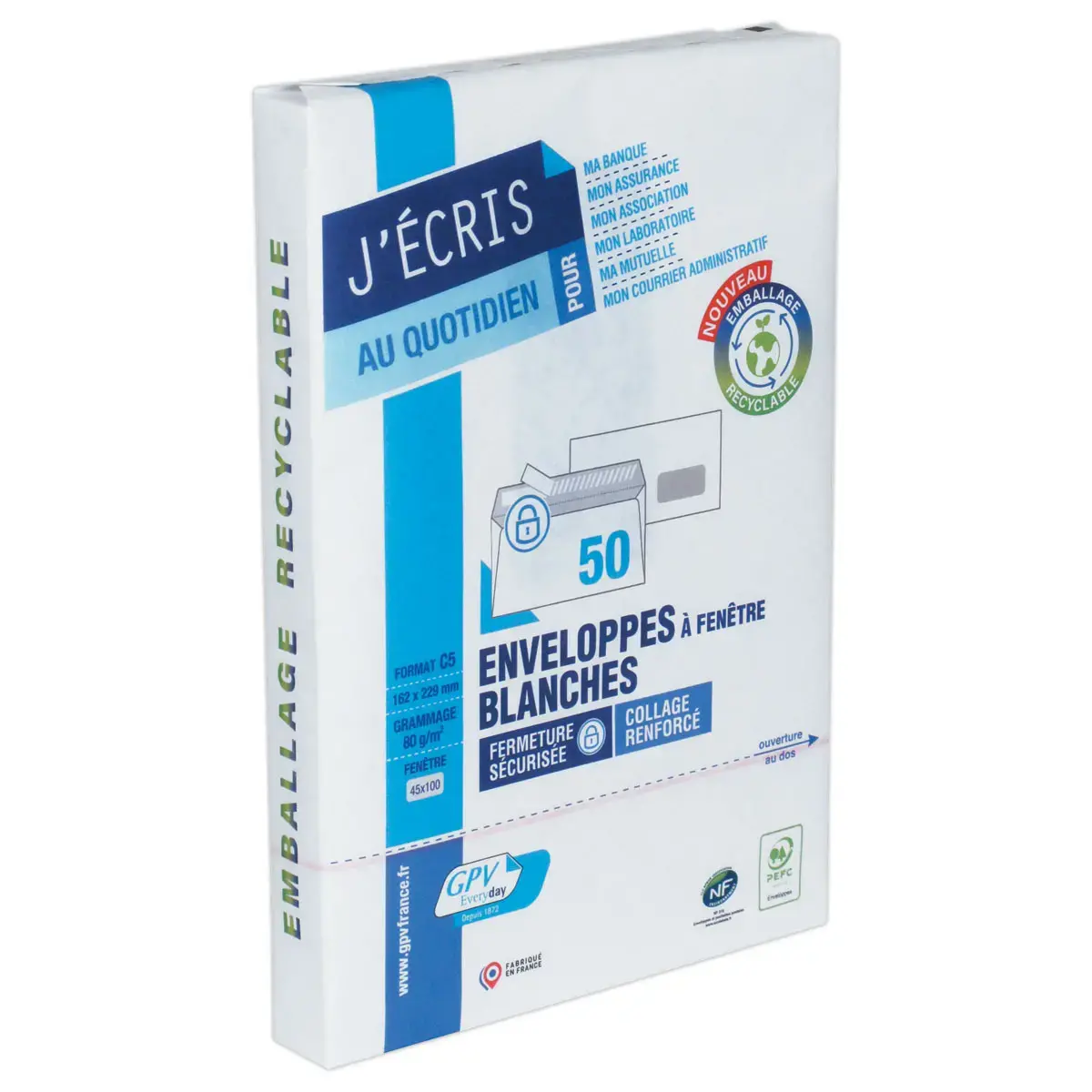 50 enveloppes blanches C5 - 80g - fenêtre 45x100 - bande siliconée - GPV