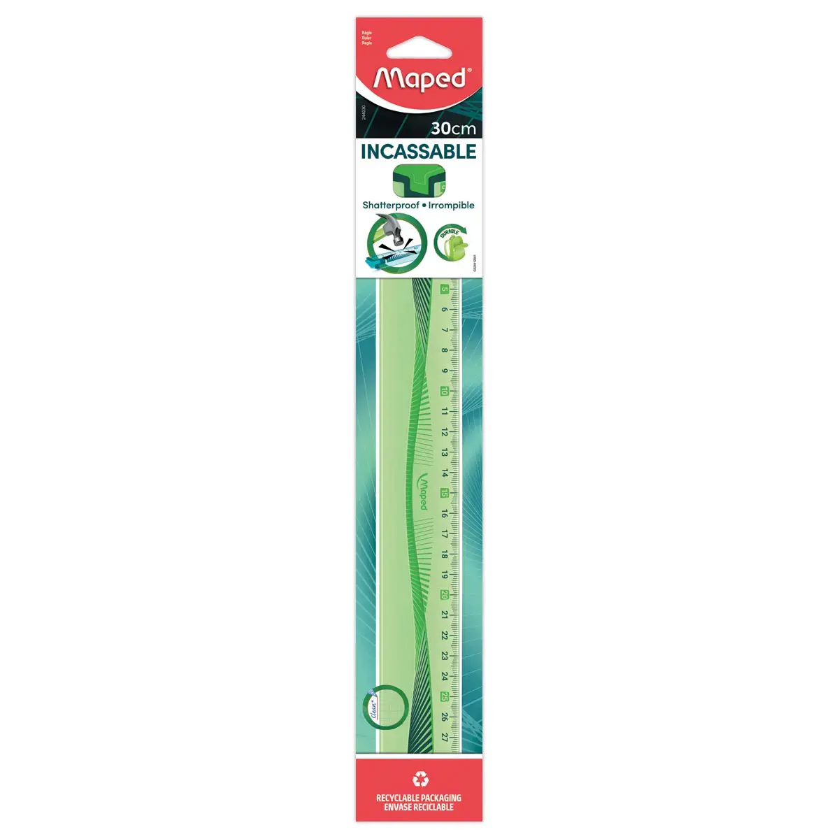 Règle plate incassable - 30 cm - Bleu ou vert - Maped