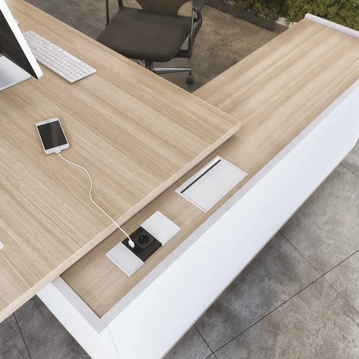 Bureau BARI Retour gauche 180 cm ch&ecirc;nestructur&eacute; / blanc mont&eacute; 