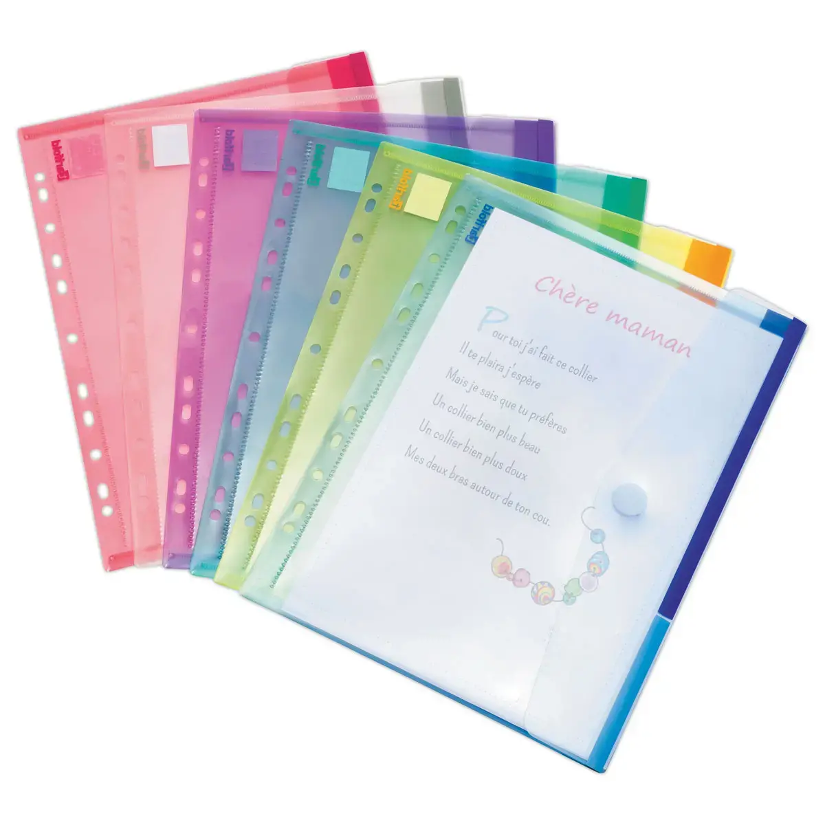 12 pochettes A4 perfor&eacute;es avec fermeture scratch - 2x6 coloris - TARIFOLD 