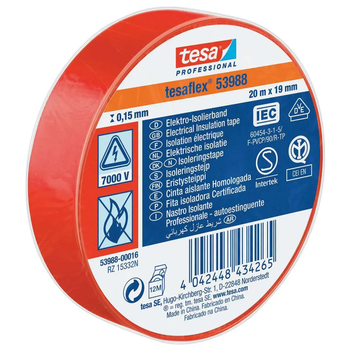 Ruban d'isolation PVC souple 20m X 19mm rouge