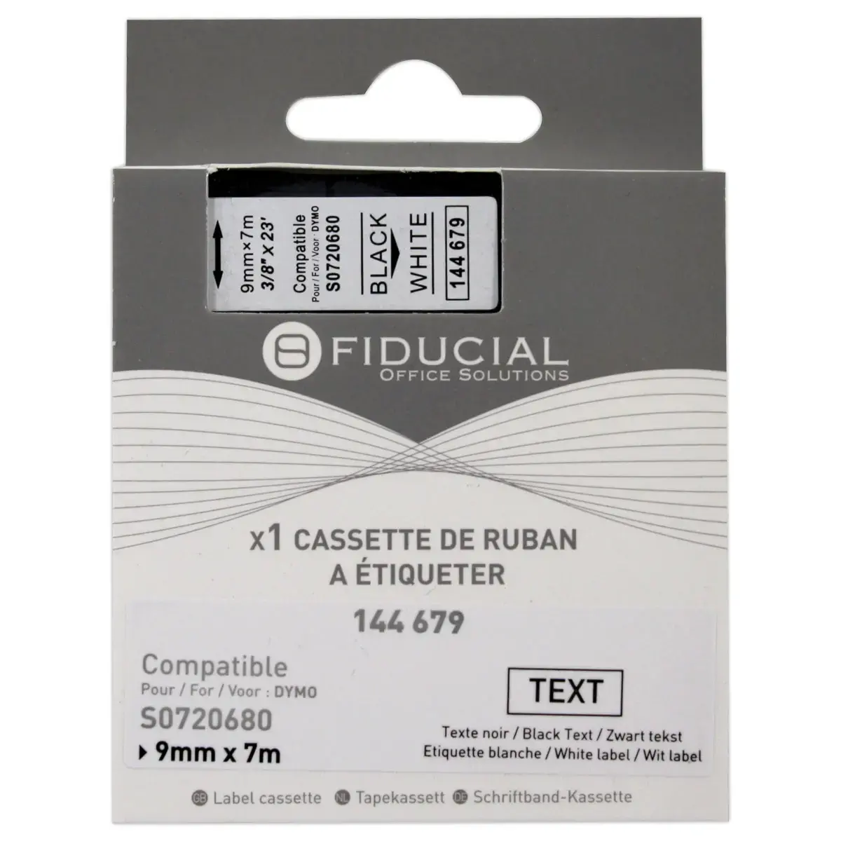 Ruban K7 pour titreuse DYMO S0720680 9mm impression Noir sur Blanc