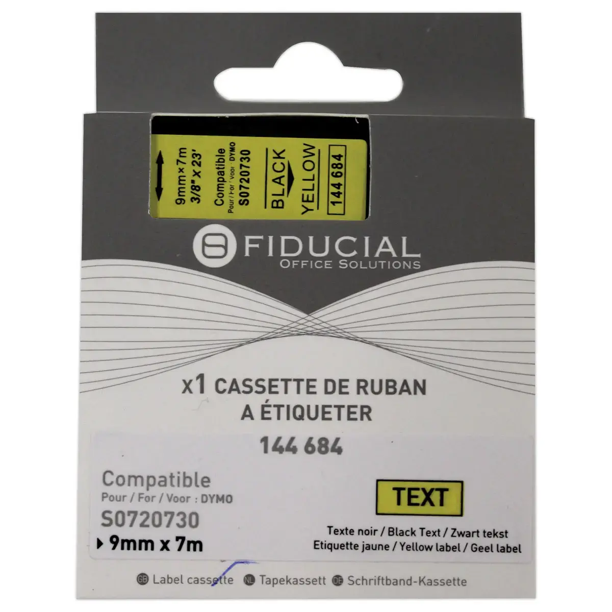 Ruban K7 pour titreuse DYMO S0720730 9mm jaune impression noire