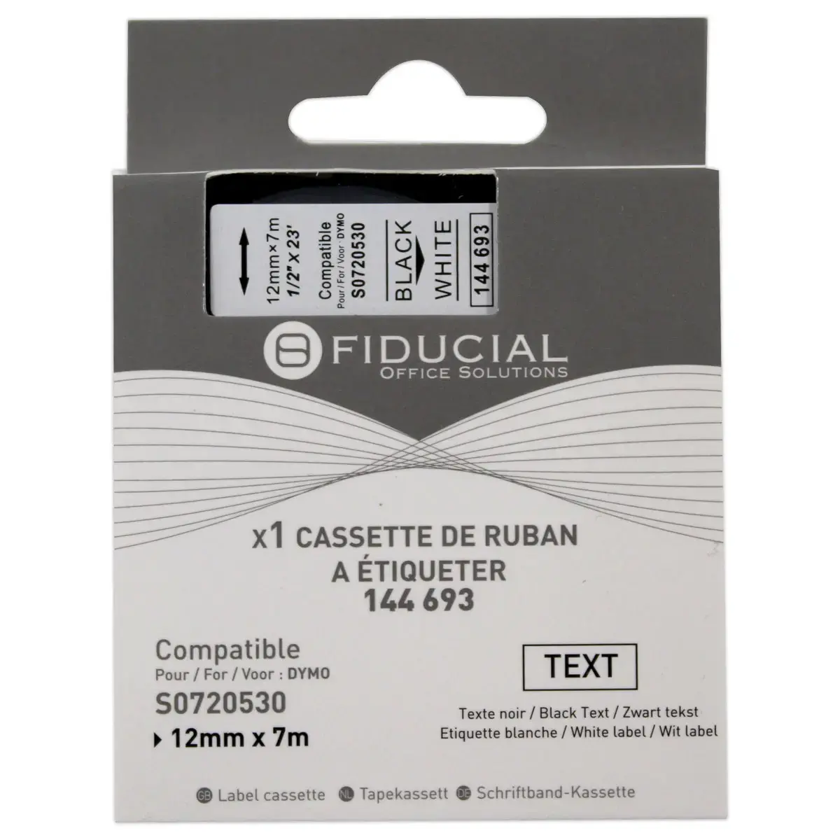 Ruban K7 pour titreuse DYMO S0720530 12 mm blanc impression noire 